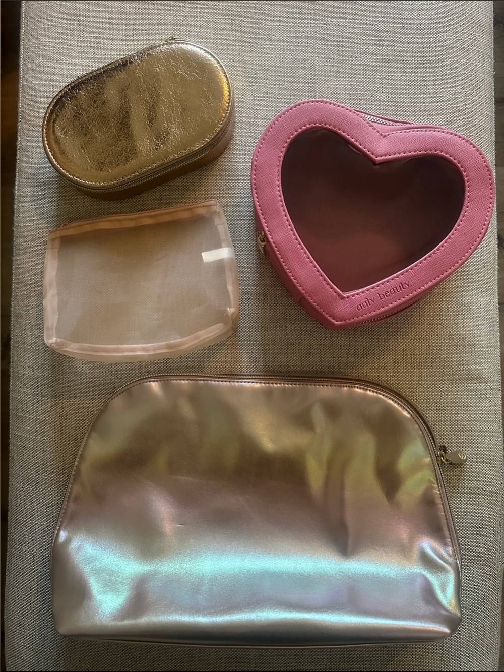 Pink Heart Jewelry Case + Large Iridescent Travel Pouch & Rose Gold Jewelry Case